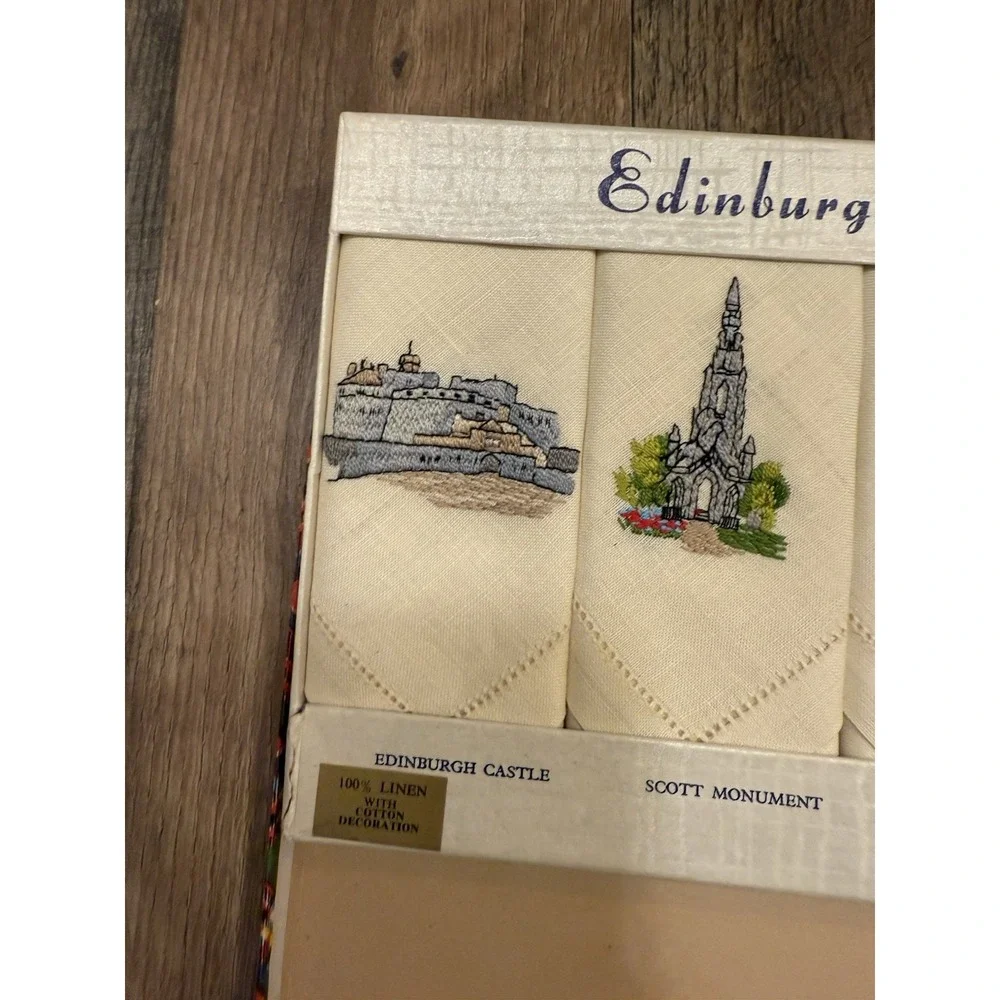 Vintage Set of 4 Edinburgh Souvenir Tea Towel ‎ 100% Linen NIB